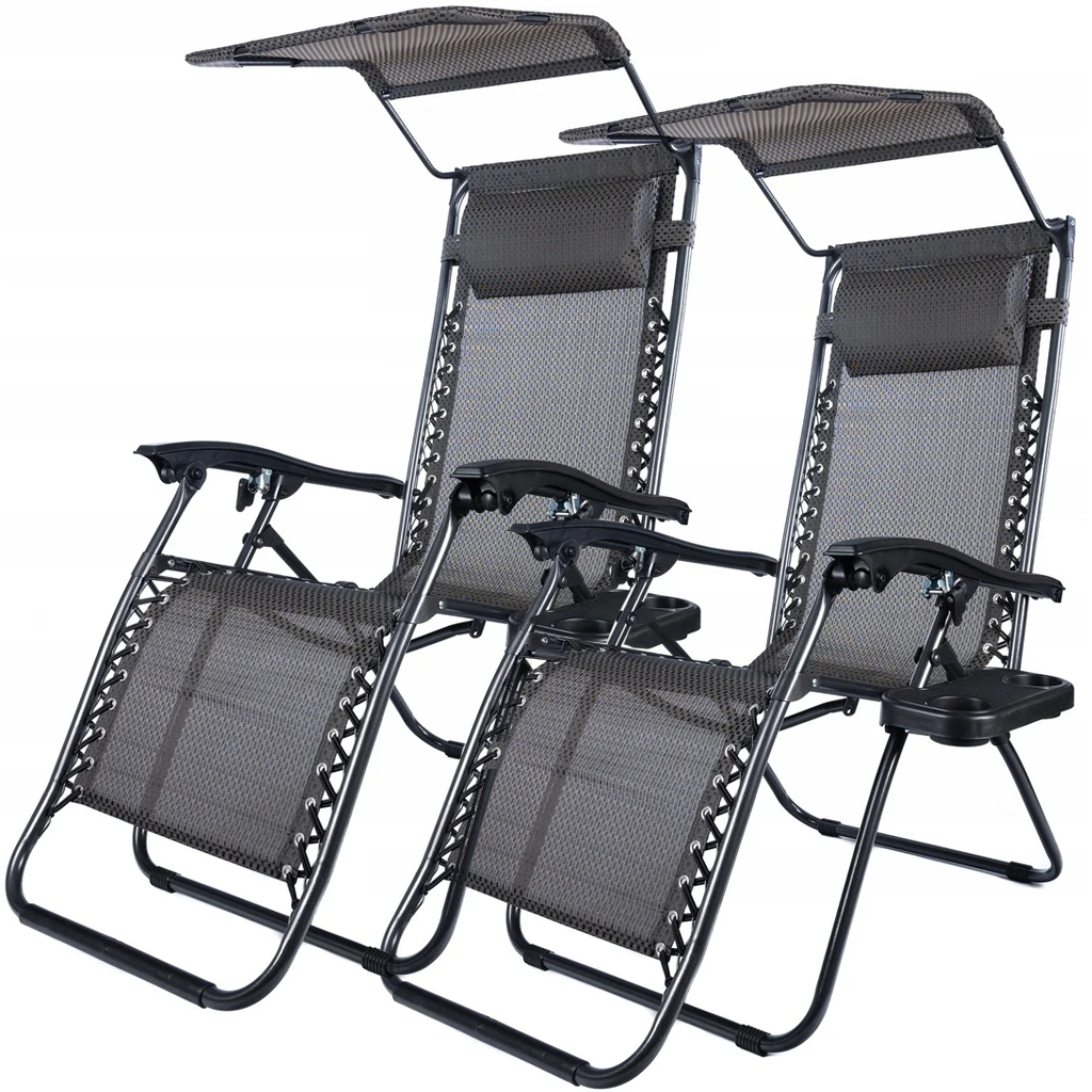 Set 2 sezlonguri de gradina cu baldachin, pliabil, manere, Zola, suport pentru doua pahare, perna pentru cap, cadru metalic, poliester, 174 x 78 cm, gri antracit Set 2 sezlonguri de gradina cu baldachin, pliabil, manere, Zola, suport pentru doua pahare, perna pentru cap, cadru metalic, poliester, 174 x 78 cm, gri antracit